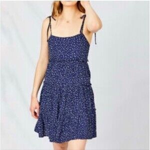 Altar'd State Navy Blue White Polka Dot Diedra Tiered Tie-Shoulder Mini Dress S